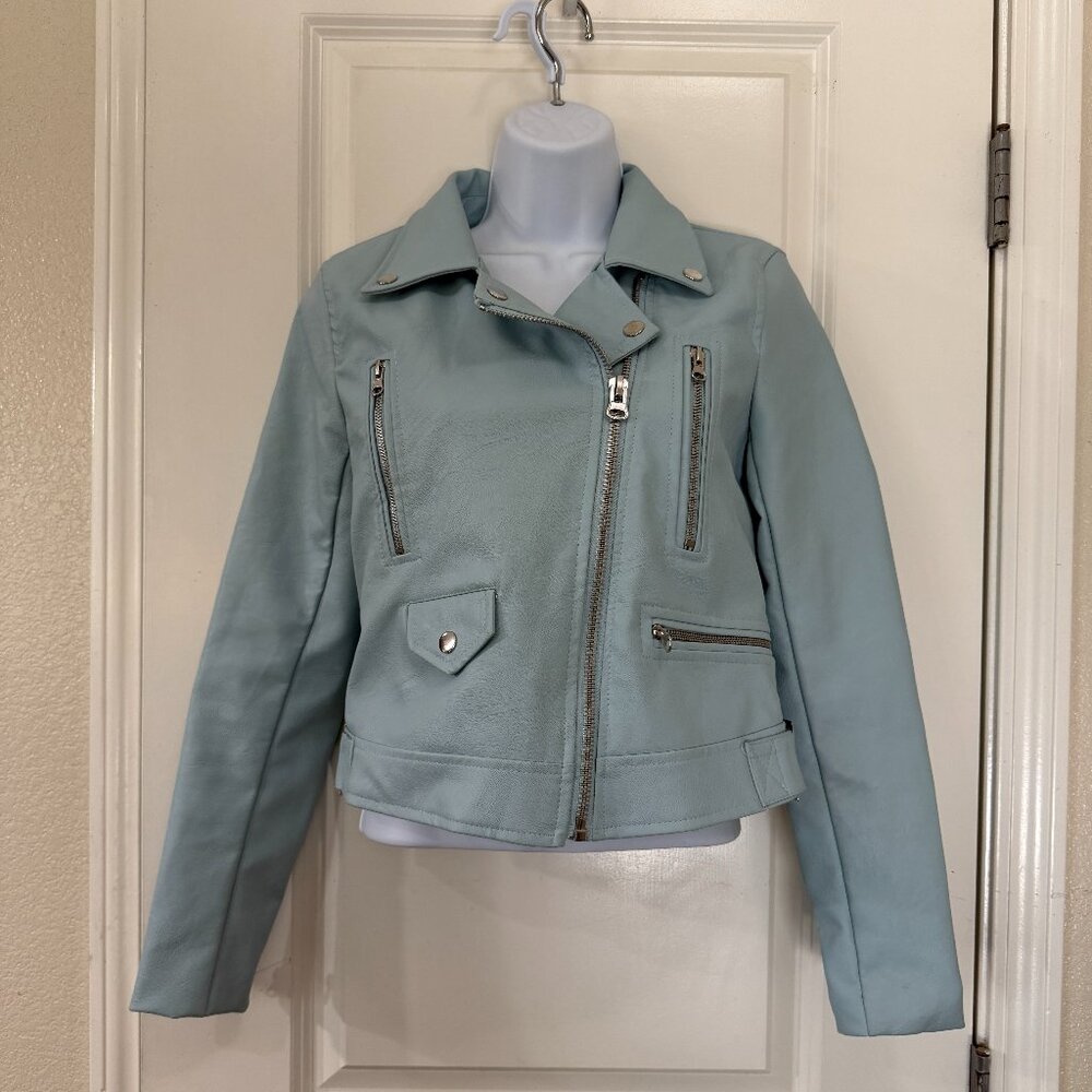 Love Tree Baby Blue Vegan Leather Moto Jacket Small